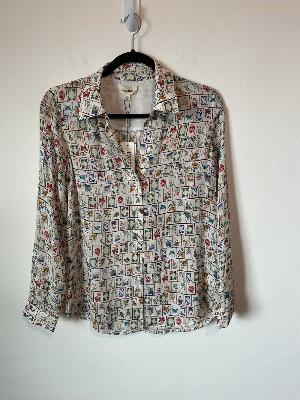 L'AGENCE White Silk Tile-Motif Button Front Shirt with Multicolor Accents
